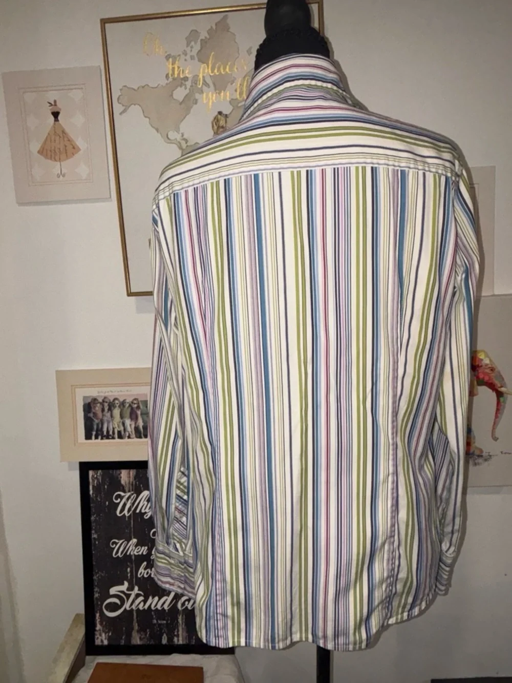 J. Crew Men's White Button-Up Shirt with Blue, Green and Red Stripes